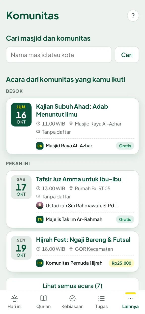Layar Komunitas dengan acara dari komunitas yang diikuti