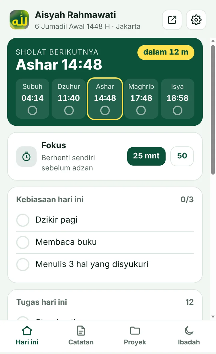 Tampilan extension LillahLife: sholat berikutnya dengan hitung mundur, kebiasaan dan timer fokus