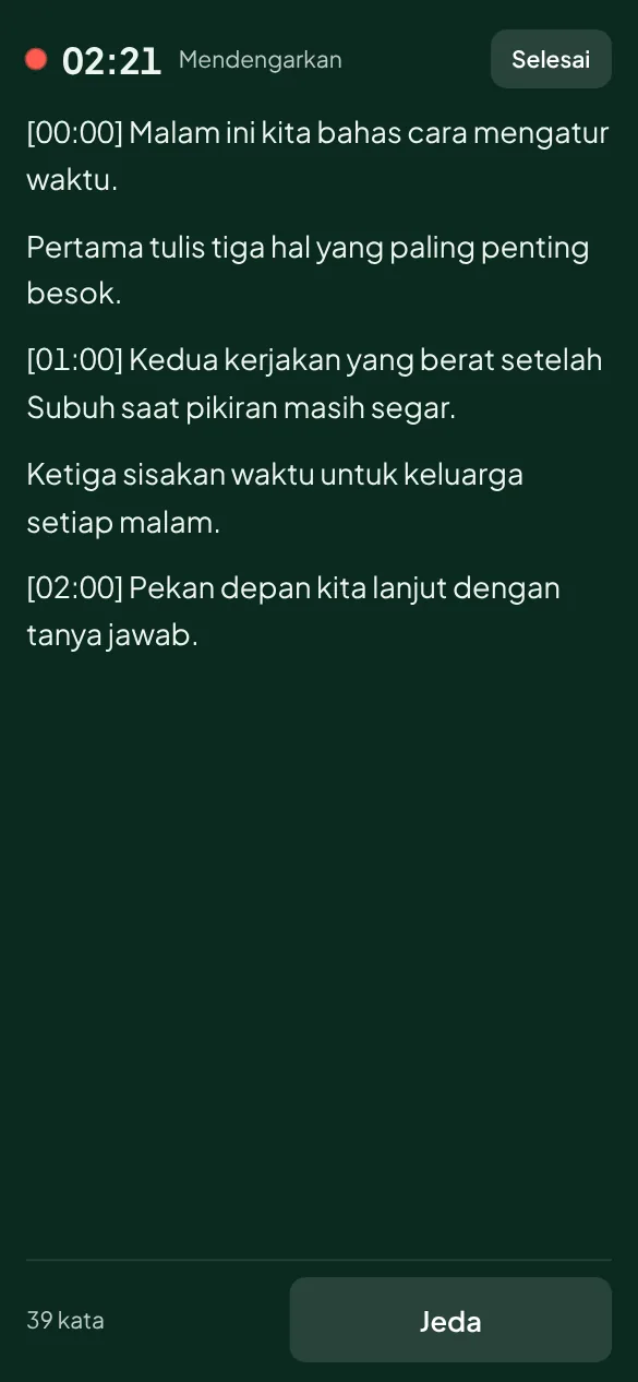 Mode kajian: ucapan penceramah muncul jadi teks dengan penanda waktu
