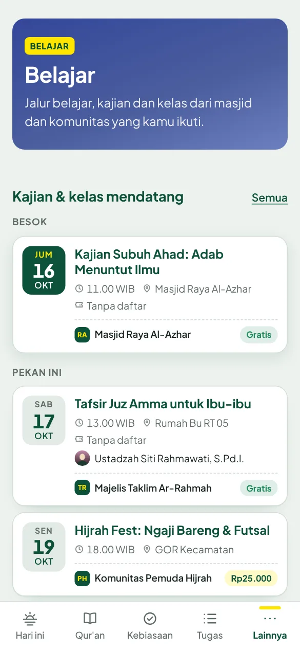 Layar Belajar dengan kajian dan kelas mendatang