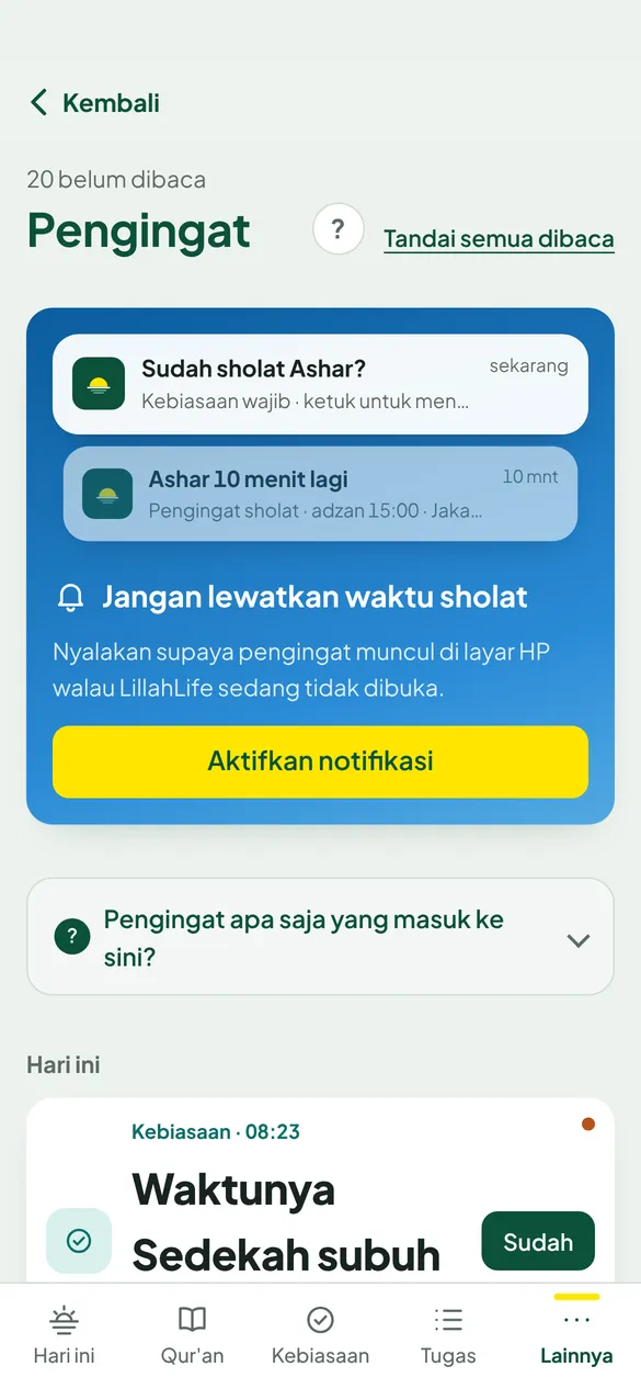 Layar Pengingat dengan contoh notifikasi sholat