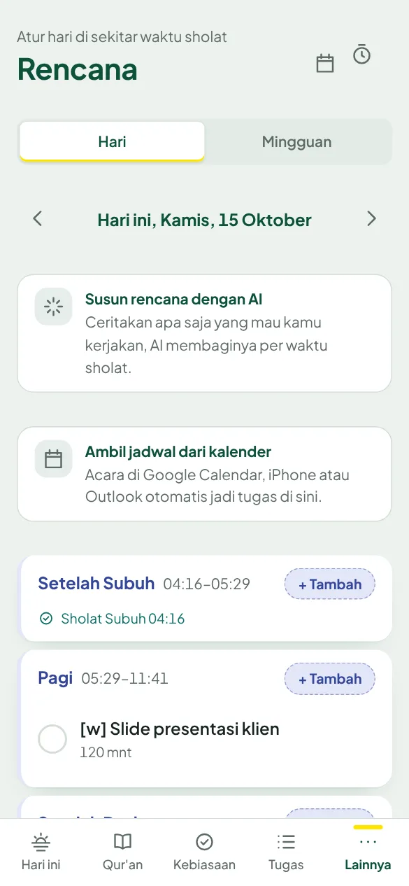 Layar Rencana dengan susun rencana dengan AI dan ambil jadwal dari kalender