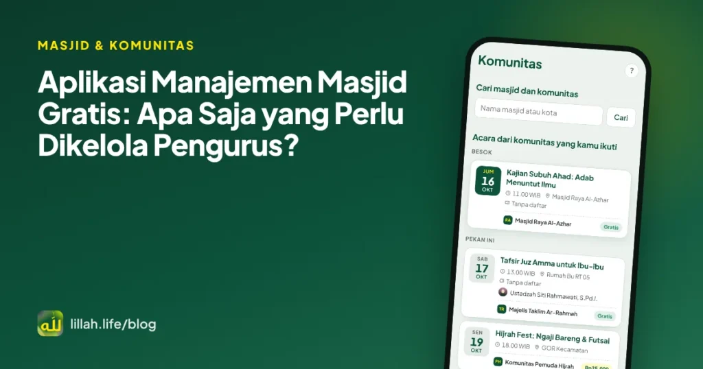 Sampul artikel aplikasi manajemen masjid gratis, menampilkan halaman masjid dan jadwal kajian di LillahLife