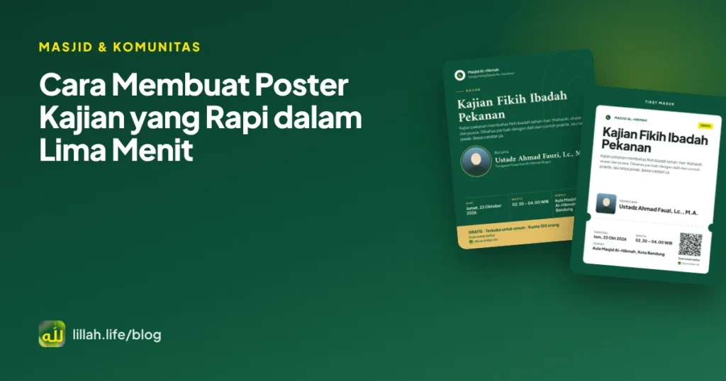 Sampul artikel cara membuat poster kajian: contoh poster kajian masjid dengan judul, jadwal, pembicara dan kode QR