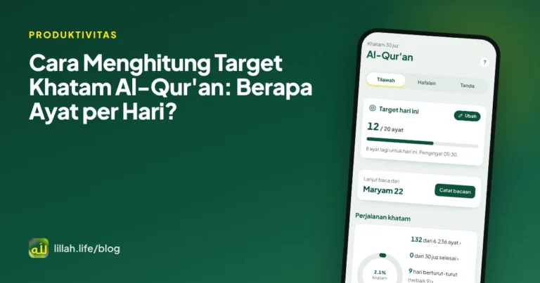 Sampul artikel cara menghitung target khatam Quran, dengan layar Al-Qur'an LillahLife berisi target harian dan progres khatam