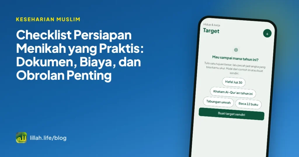 Sampul artikel checklist persiapan menikah dengan map dokumen dan daftar centang di meja