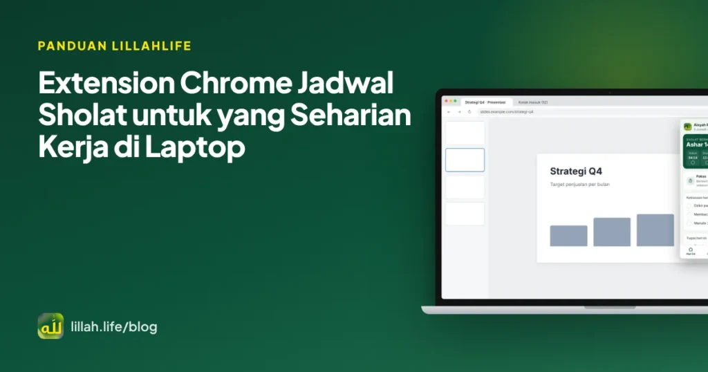 Sampul artikel extension Chrome jadwal sholat: laptop dengan popup LillahLife menampilkan Ashar 12 menit lagi