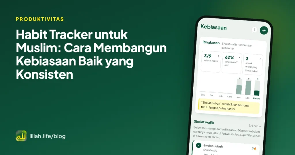 Sampul artikel habit tracker muslim, dengan layar Kebiasaan LillahLife berisi ringkasan tujuh hari dan streak