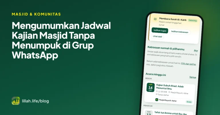 Sampul artikel jadwal kajian masjid: daftar acara minggu ini di aplikasi dengan tanggal, jam dan nama masjid
