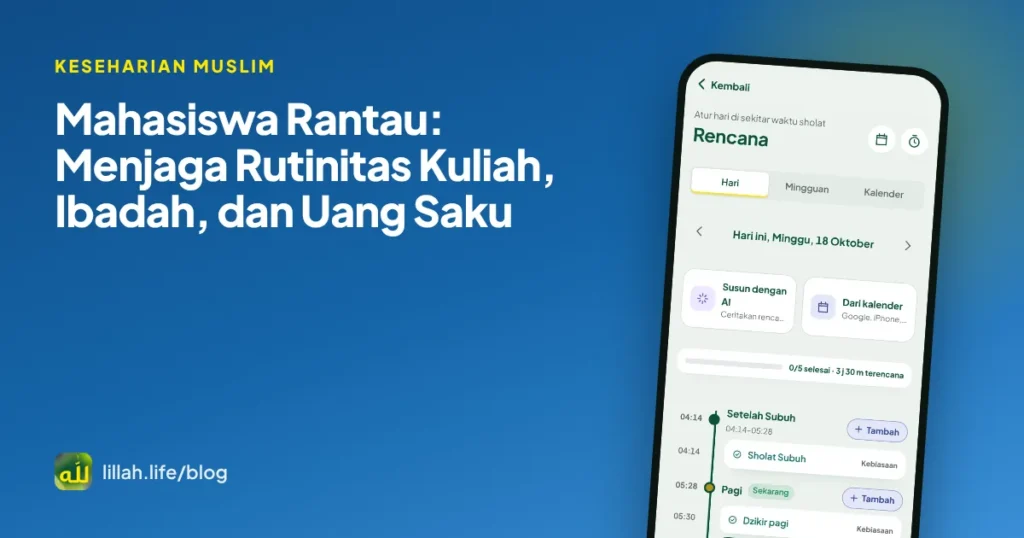 Sampul artikel tips mahasiswa rantau dengan meja belajar kos, buku catatan, dan jadwal mingguan