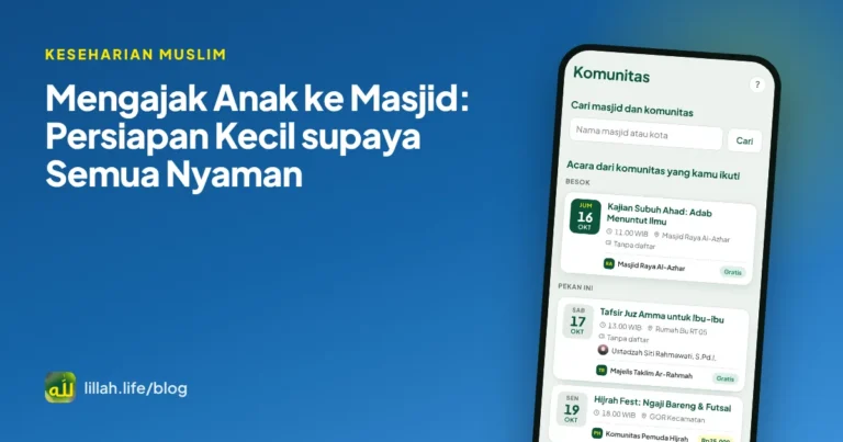 Sampul artikel mengajak anak ke masjid dengan latar hijau dan tampilan daftar masjid di HP