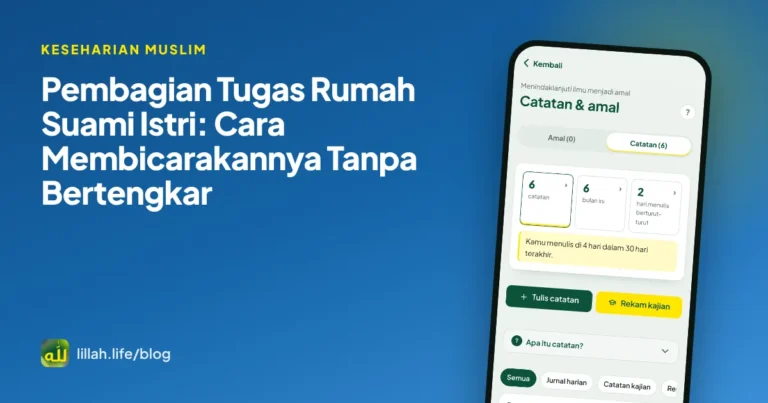 Ilustrasi sampul artikel pembagian tugas rumah tangga suami istri dengan latar hijau LillahLife