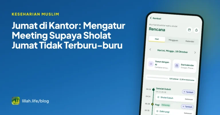 Sampul artikel sholat Jumat di kantor dengan tampilan rencana harian per waktu sholat di HP