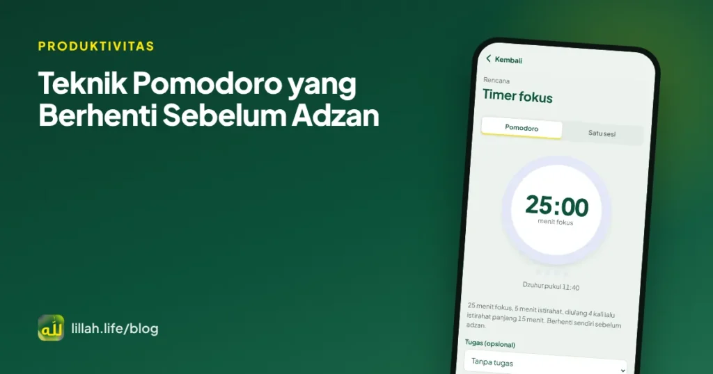 Sampul artikel teknik Pomodoro: layar Timer fokus LillahLife dengan hitung mundur 25 menit dan waktu Dzuhur berikutnya